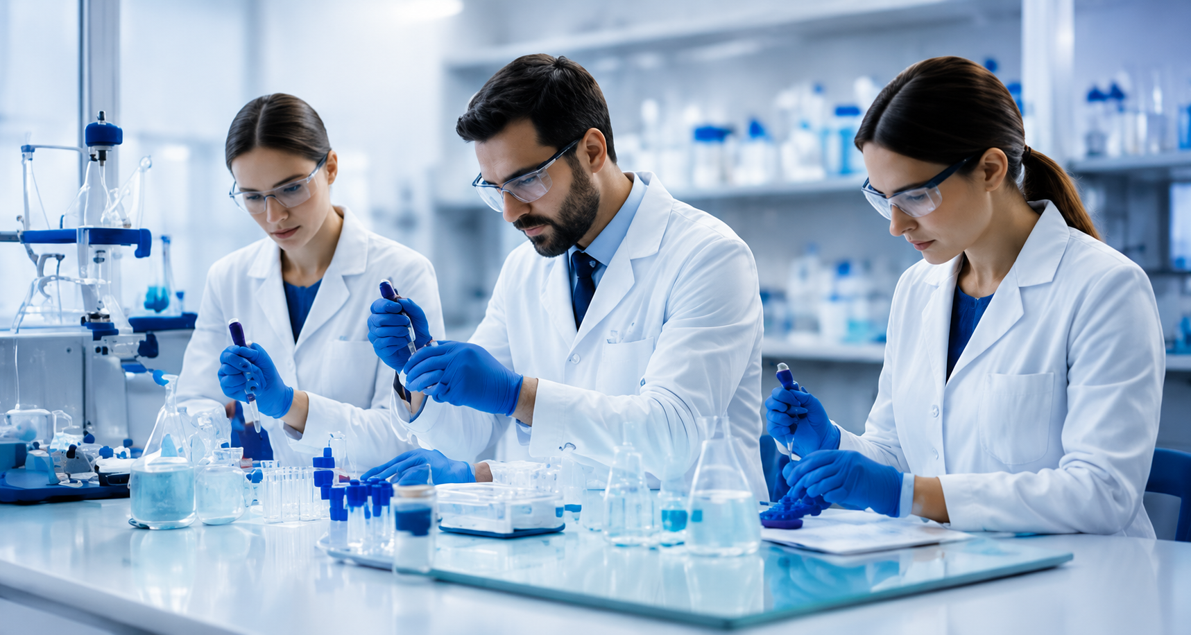 Scientists conducting peptide research in a laboratory