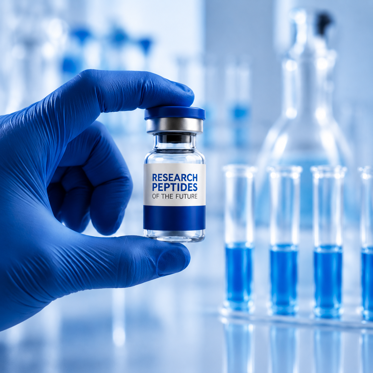 Researcher holding a research peptide vial in a laboratory