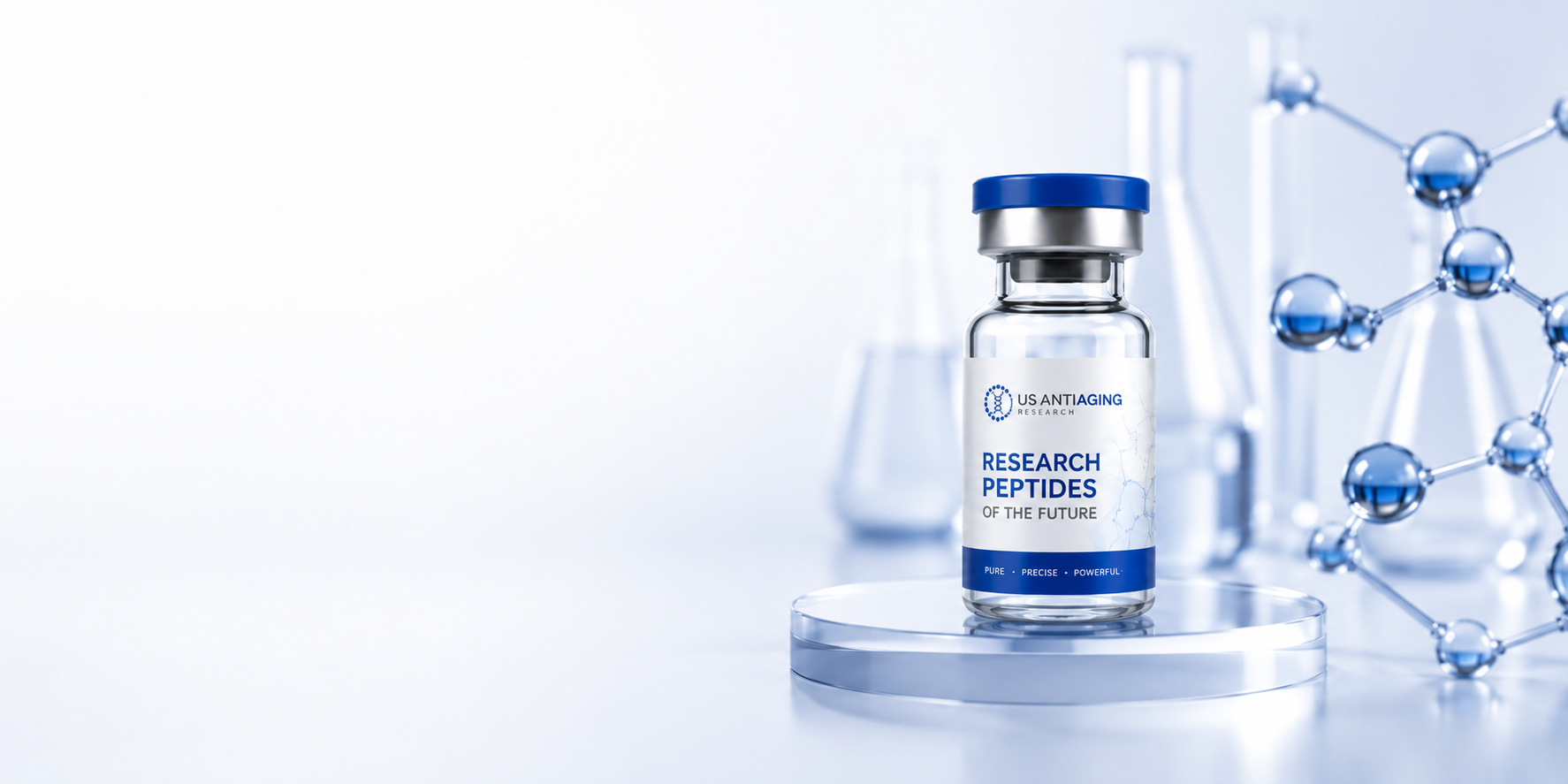 Research peptide vial displayed on a laboratory platform