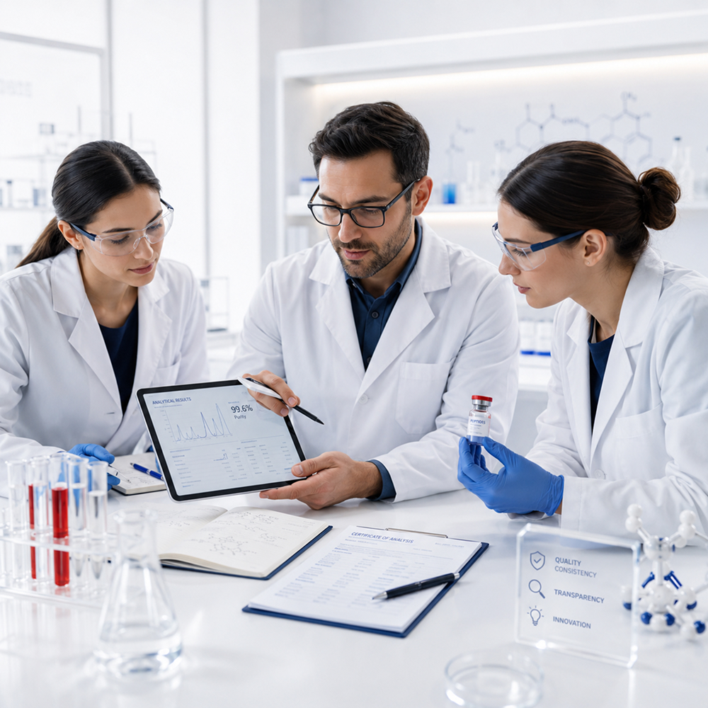 Scientists conducting peptide research in a laboratory